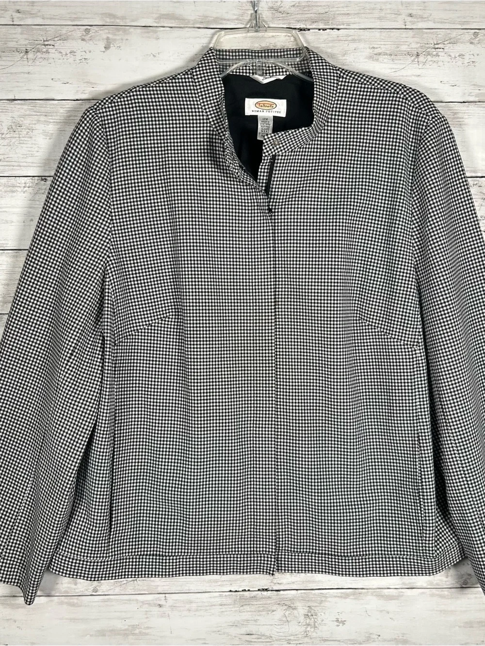 Talbots Classic Refined Bomber Jacket Black White Checked 12W Petite